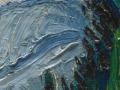A patch of the painting where the blue hills meet the dark cypress, in its original colors